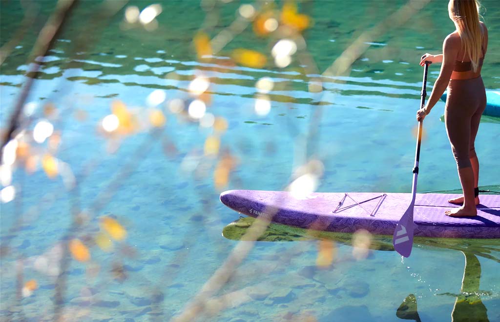 Fanatic Diamond Lavender and Diamond Air Pocket SUP board and paddle action shot 01